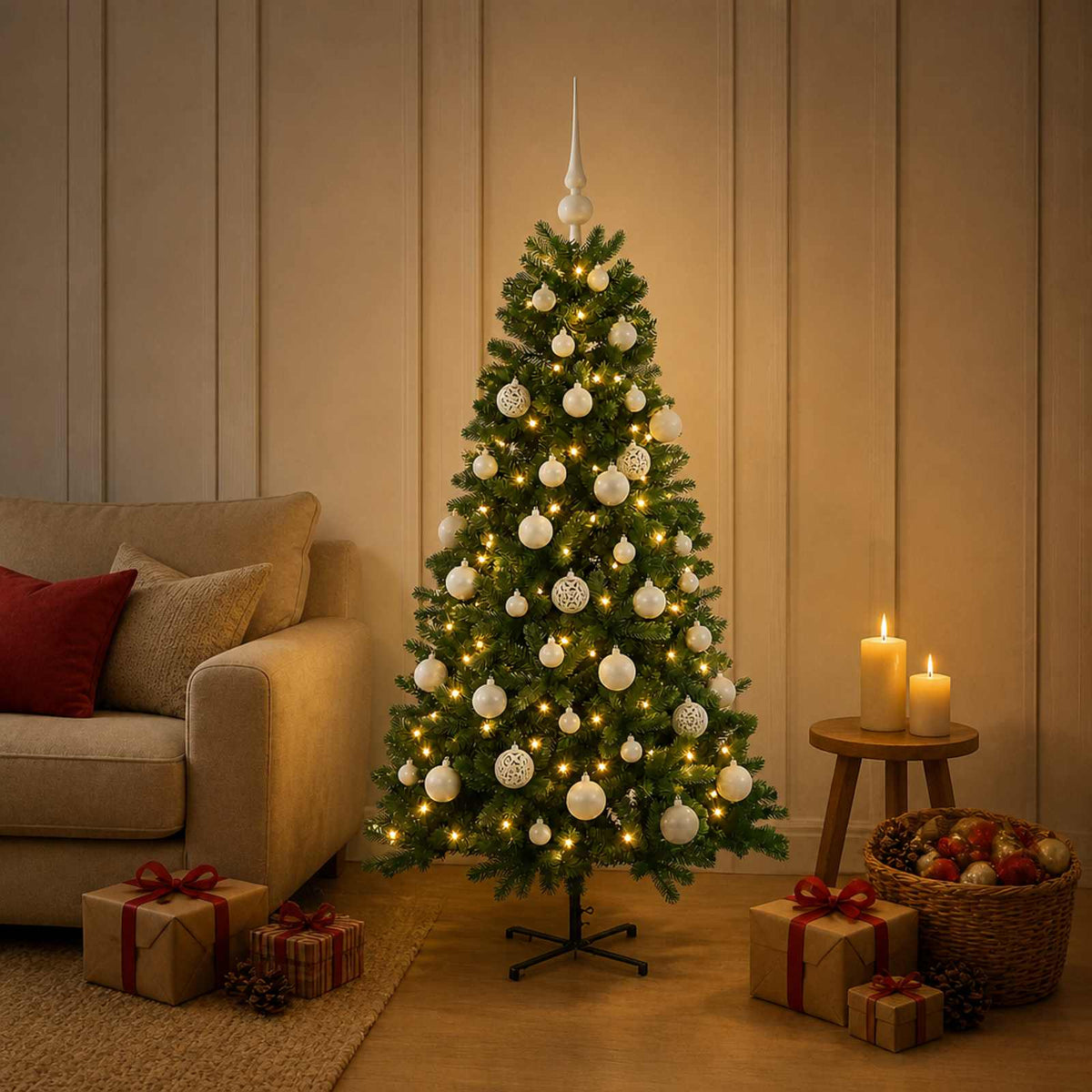 Artificial Christmas Tree with Bauble 150 LEDs 150 cm with LEDs & white balls
