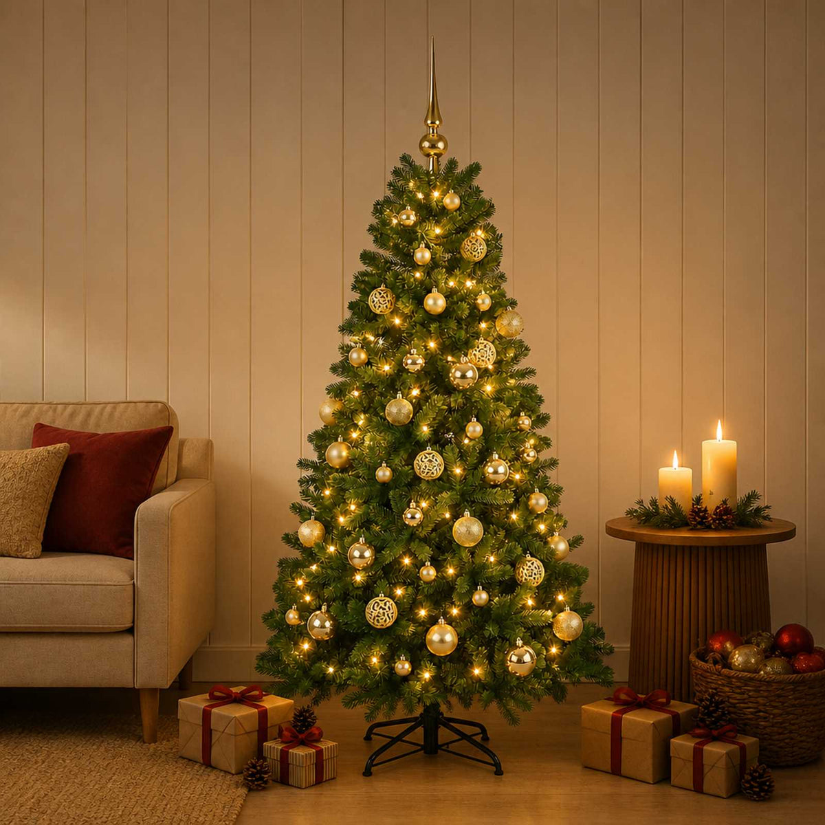 Artificial Christmas Tree with Bauble 150 LEDs 120 cm with LEDs & gold balls