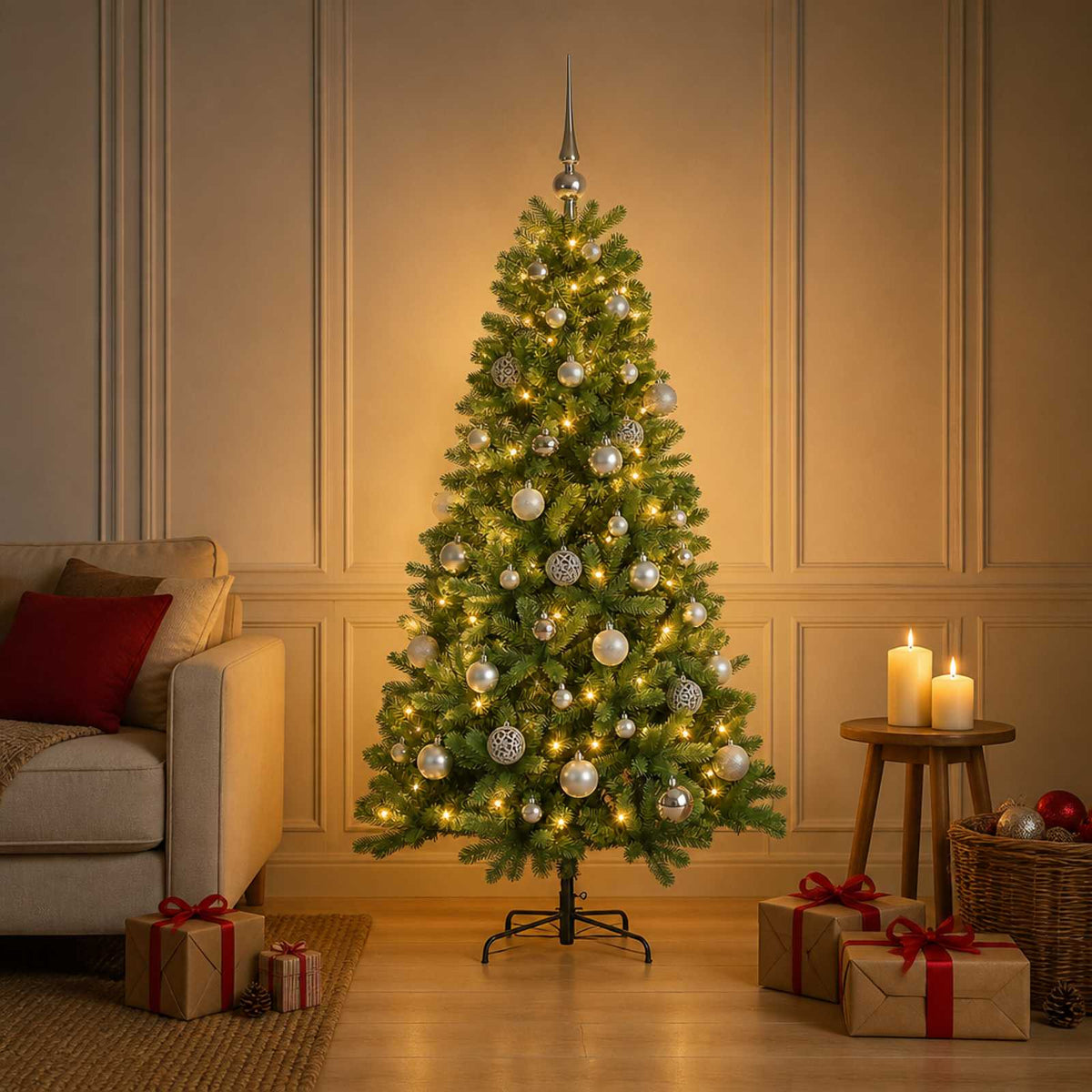 Artificial Christmas Tree with Bauble 150 LEDs 120 cm with LEDs & silver balls