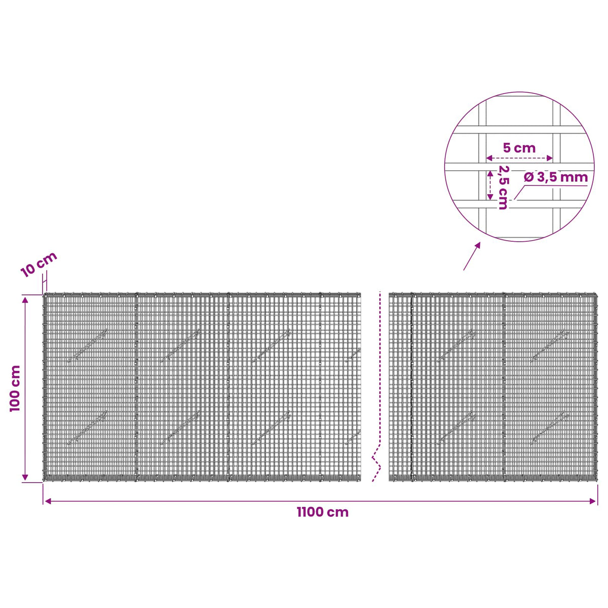 vidaXL Gabion with 3.5 mm Wire and 5x2.5 cm Mesh 1100x10x100 cm 6