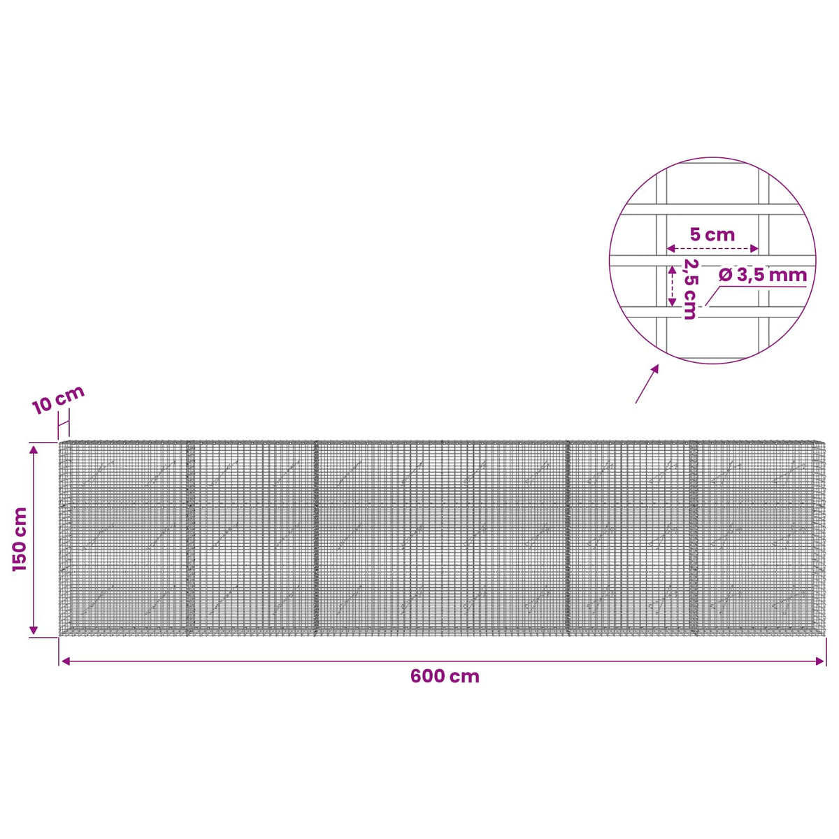 vidaXL Gabion with 3.5 mm Wire and 5x2.5 cm Mesh 600x10x150 cm 6