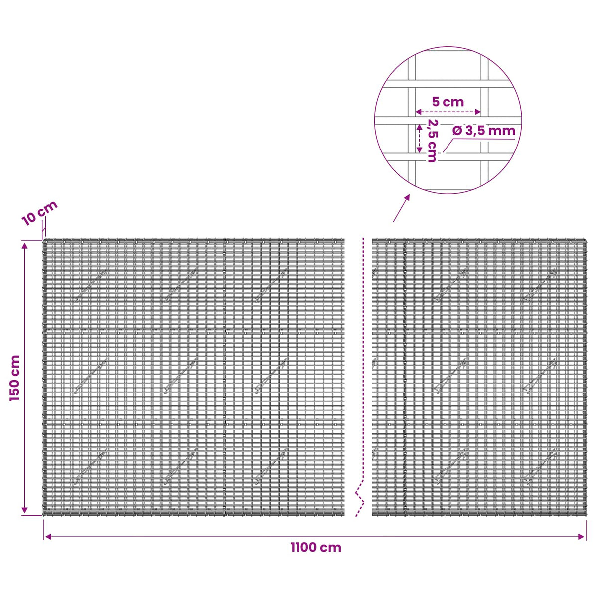 vidaXL Gabion with 3.5 mm Wire and 5x2.5 cm Mesh 1100x10x150 cm 6