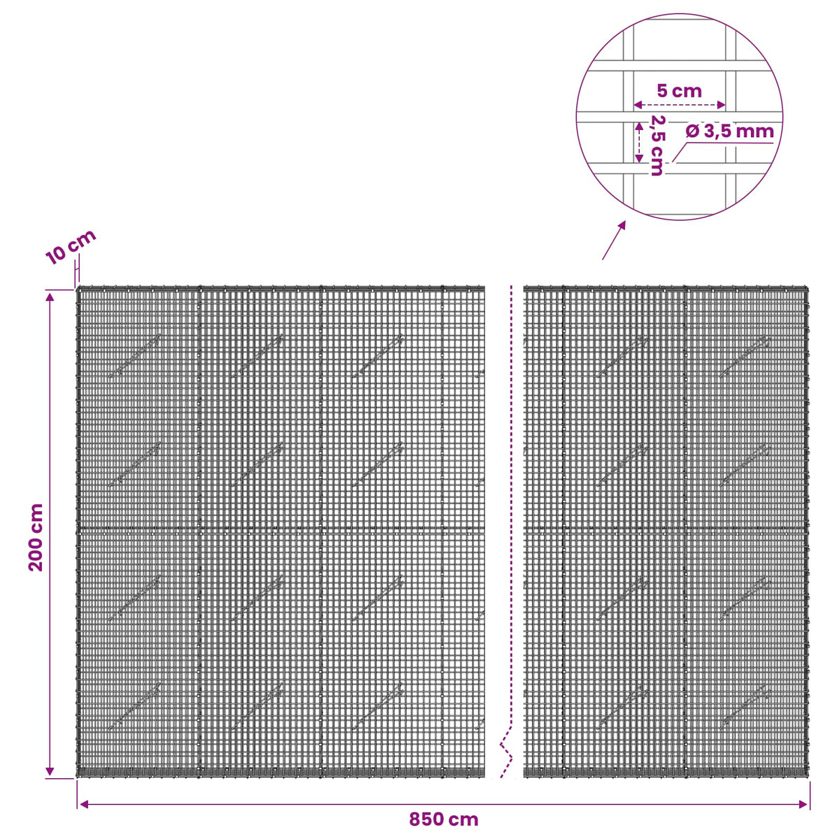 vidaXL Gabion with 3.5 mm Wire and 5x2.5 cm Mesh 850x10x200 cm 6