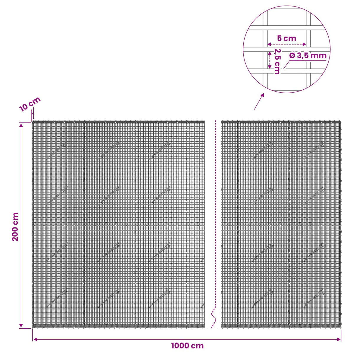 vidaXL Gabion with 3.5 mm Wire and 5x2.5 cm Mesh 1000x10x200 cm 6