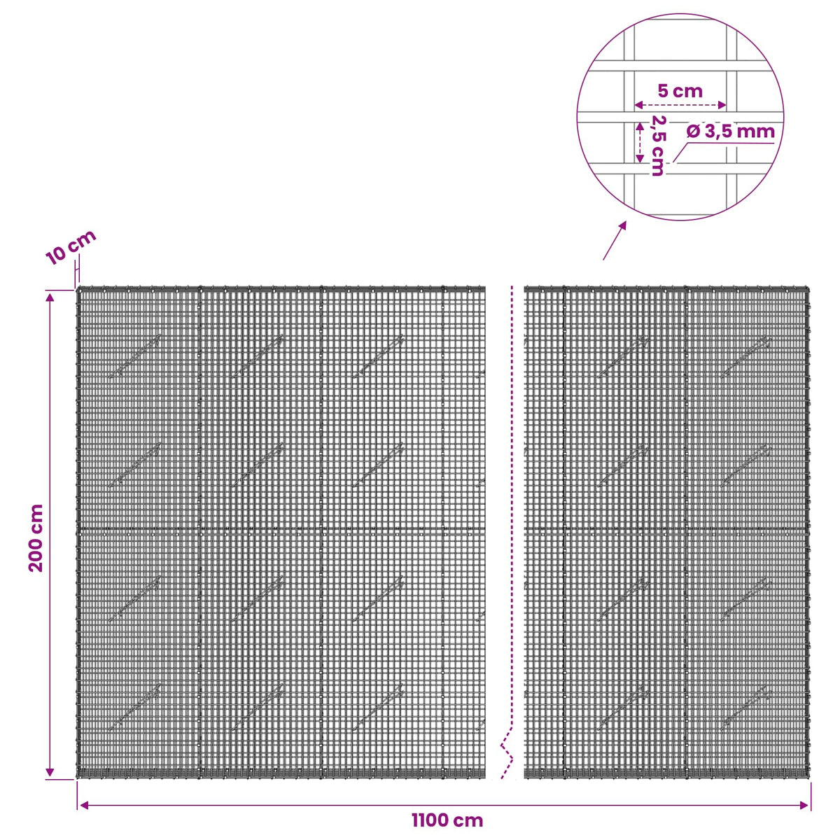 vidaXL Gabion with 3.5 mm Wire and 5x2.5 cm Mesh 1100x10x200 cm 6