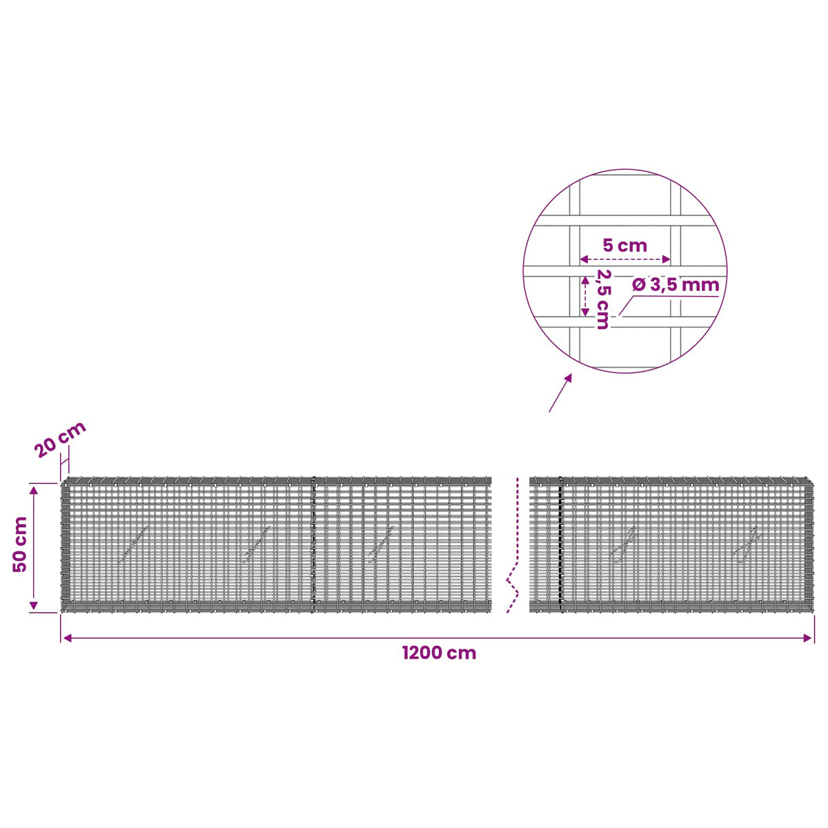 vidaXL Gabion with 3.5 mm Wire and 5x2.5 cm Mesh 1200x20x50 cm 6