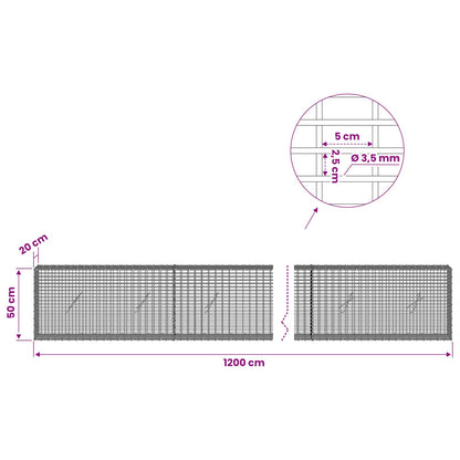 vidaXL Gabion with 3.5 mm Wire and 5x2.5 cm Mesh 1200x20x50 cm 6