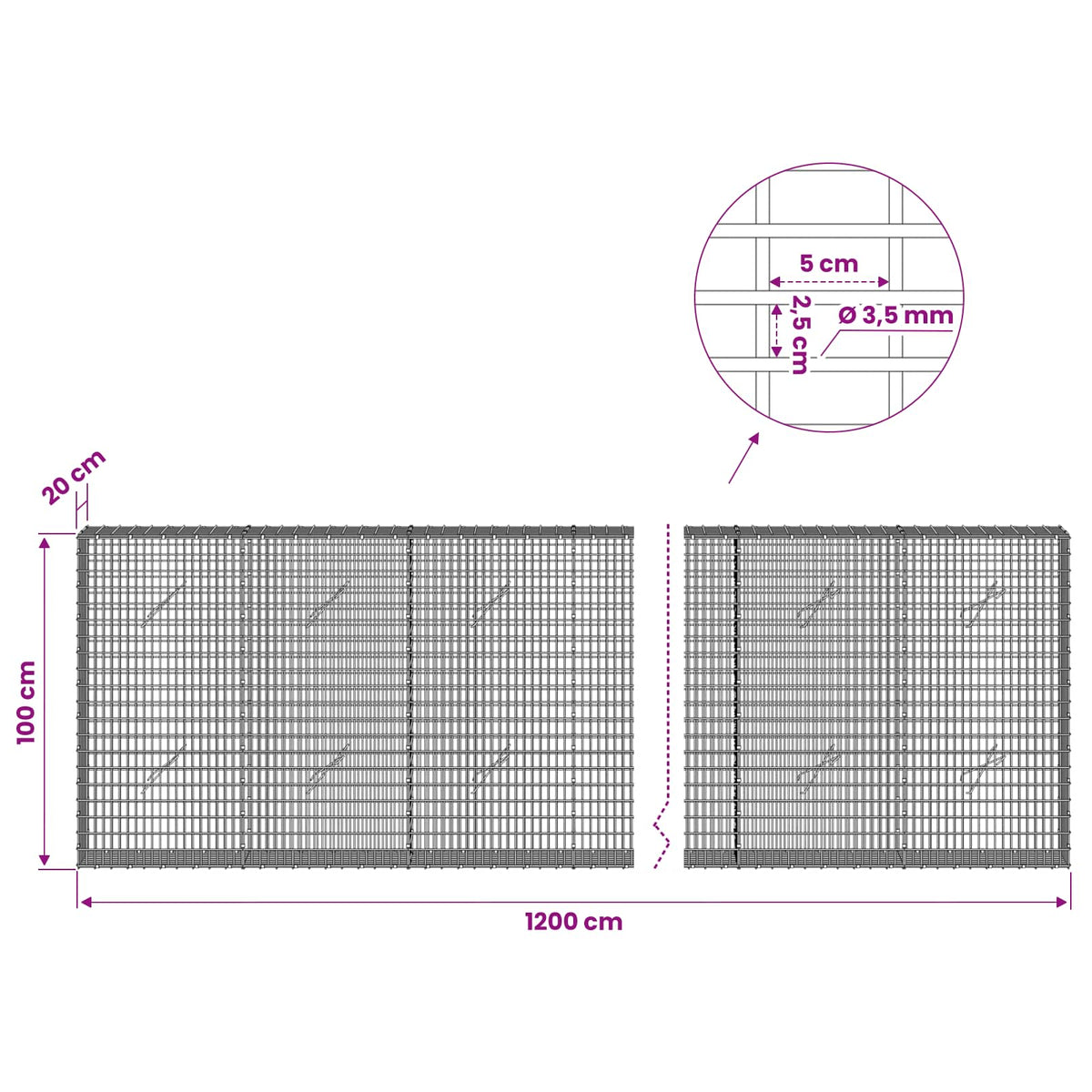 vidaXL Gabion with 3.5 mm Wire and 5x2.5 cm Mesh 1200x20x100 cm 6