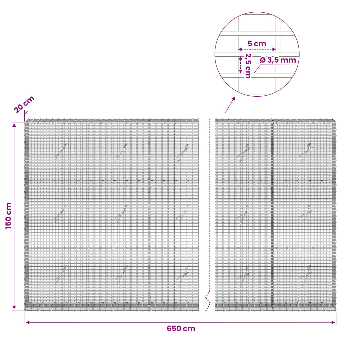vidaXL Gabion with 3.5 mm Wire and 5x2.5 cm Mesh 650x20x150 cm 6