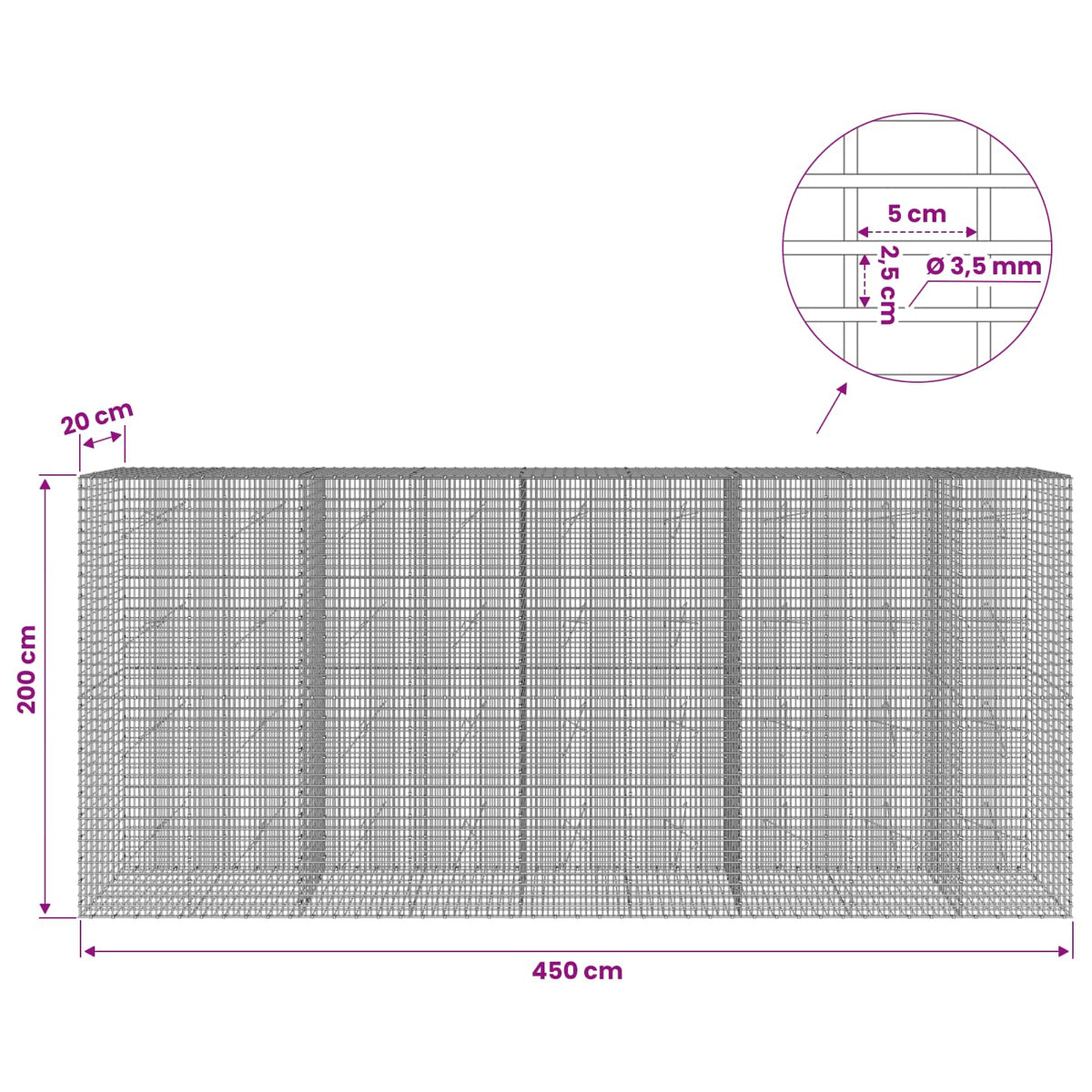 vidaXL Gabion with 3.5 mm Wire and 5x2.5 cm Mesh 450x20x200 cm 6