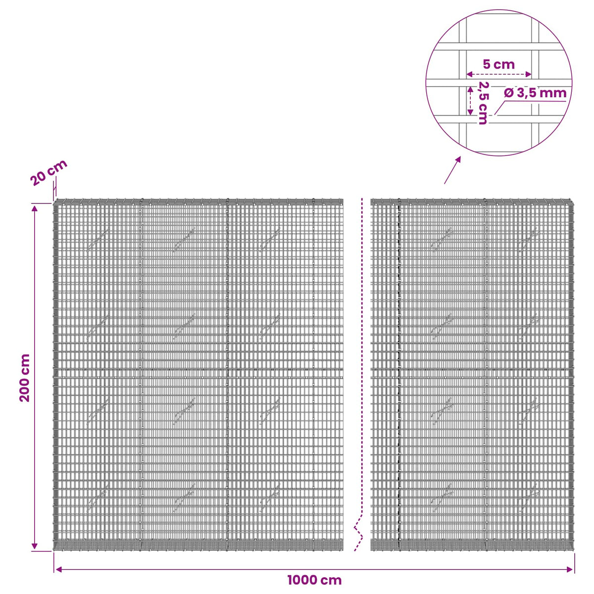 vidaXL Gabion with 3.5 mm Wire and 5x2.5 cm Mesh 1000x20x200 cm 6