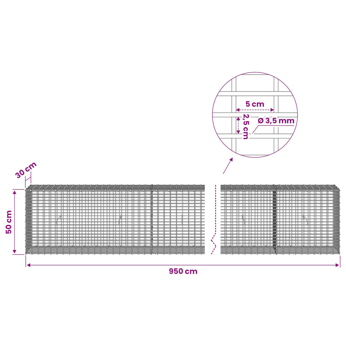 vidaXL Gabion with 3.5 mm Wire and 5x2.5 cm Mesh 950x30x50 cm 6