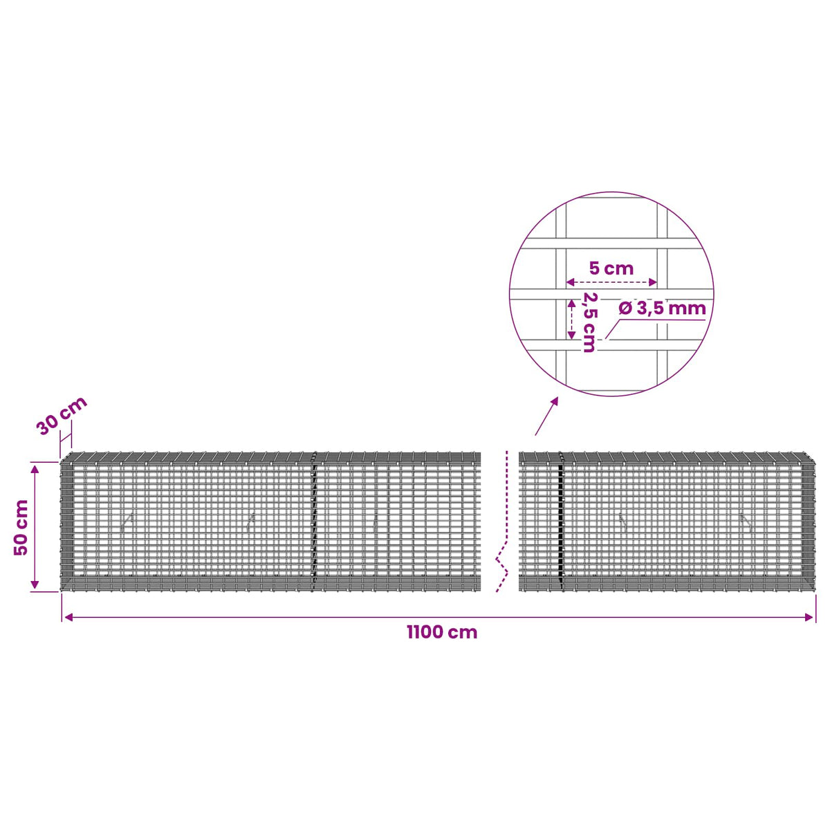 vidaXL Gabion with 3.5 mm Wire and 5x2.5 cm Mesh 1100x30x50 cm 6