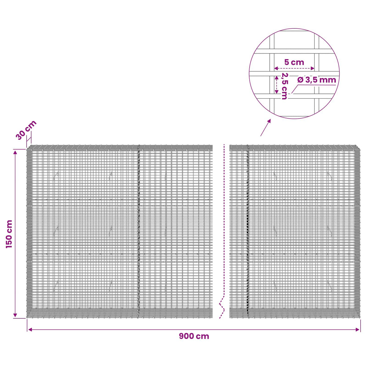 vidaXL Gabion with 3.5 mm Wire and 5x2.5 cm Mesh 900x30x150 cm 6