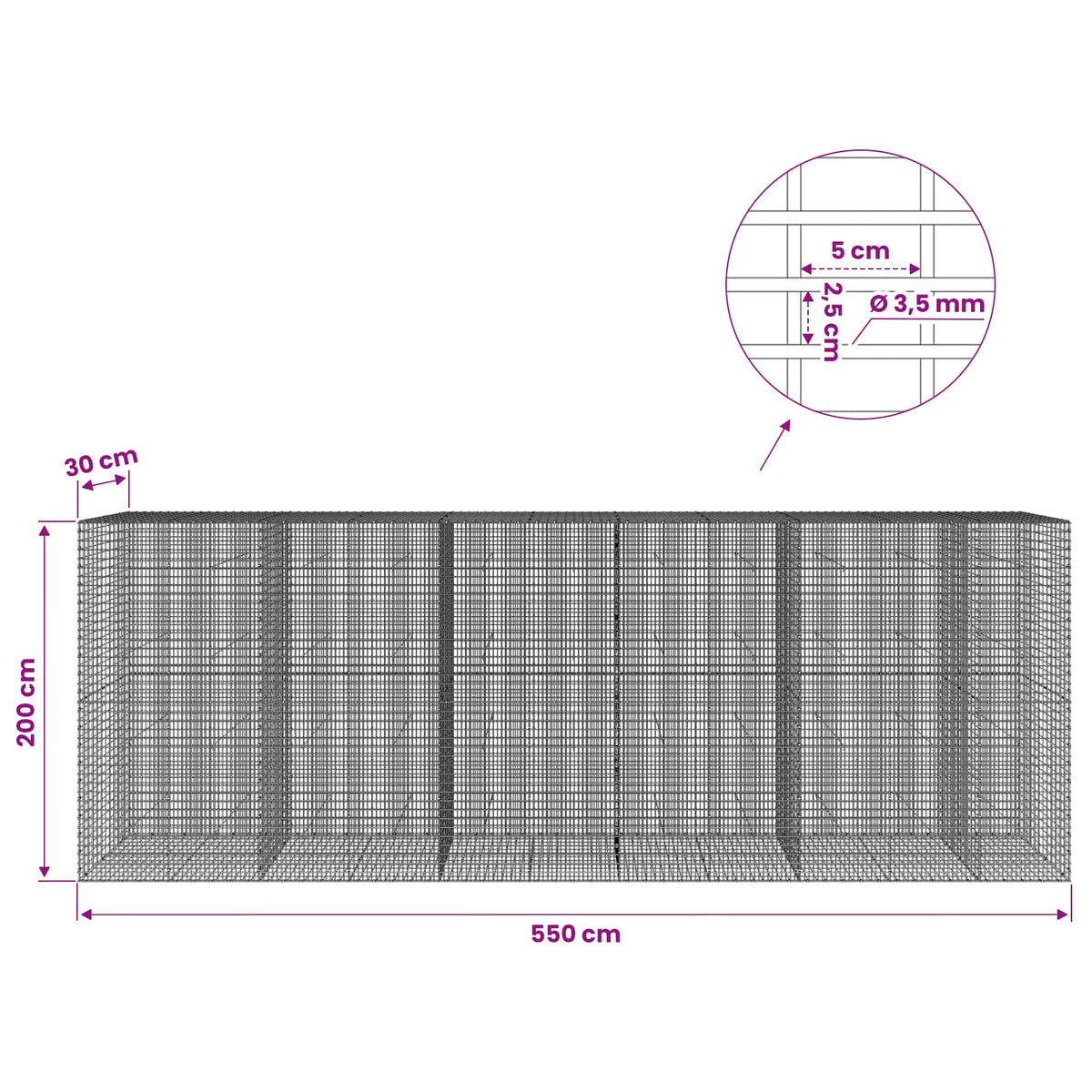 vidaXL Gabion with 3.5 mm Wire and 5x2.5 cm Mesh 550x30x200 cm 6