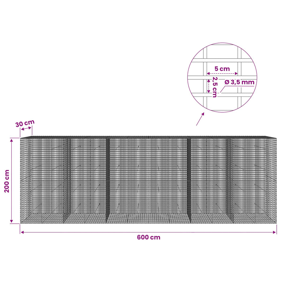 vidaXL Gabion with 3.5 mm Wire and 5x2.5 cm Mesh 600x30x200 cm 6