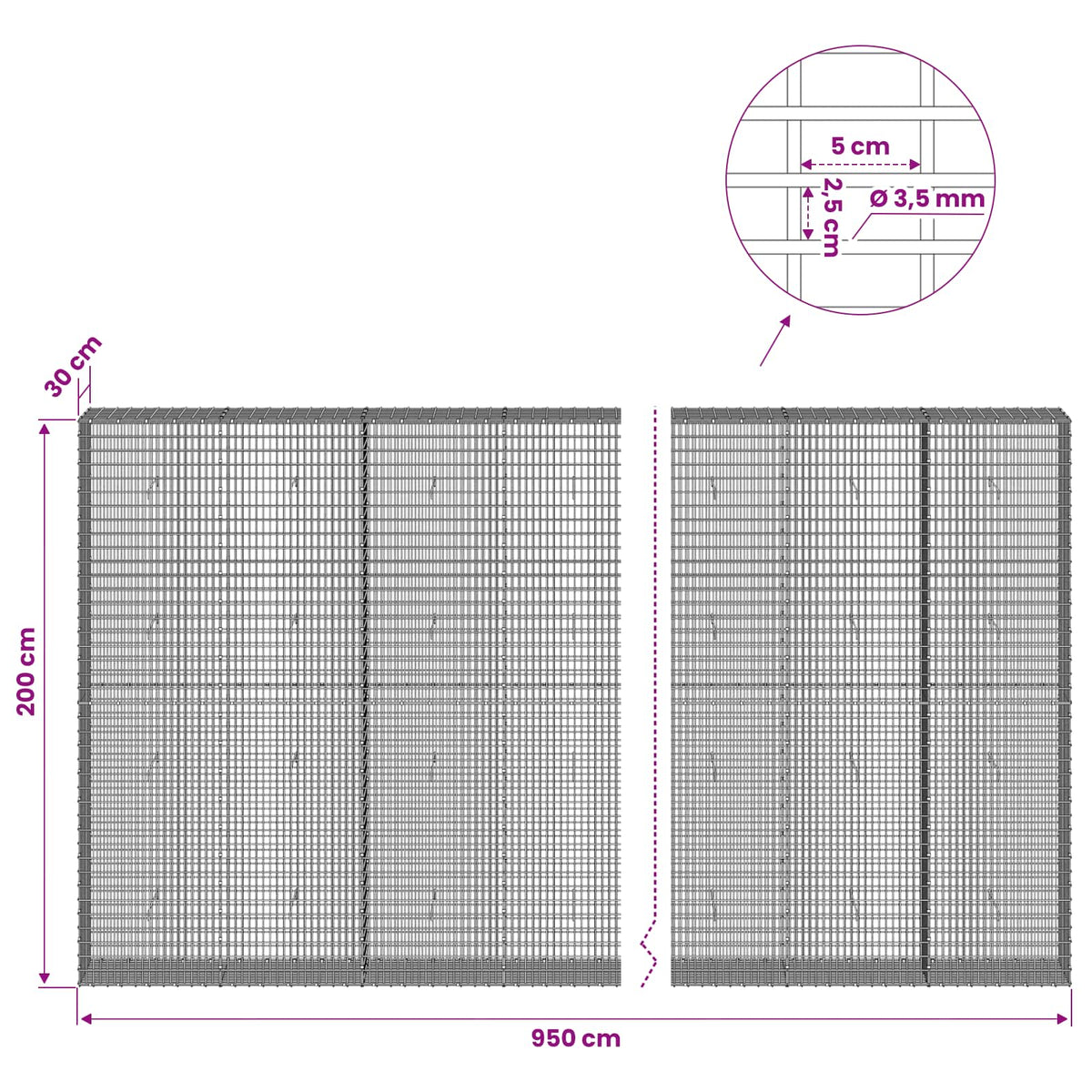 vidaXL Gabion with 3.5 mm Wire and 5x2.5 cm Mesh 950x30x200 cm 6