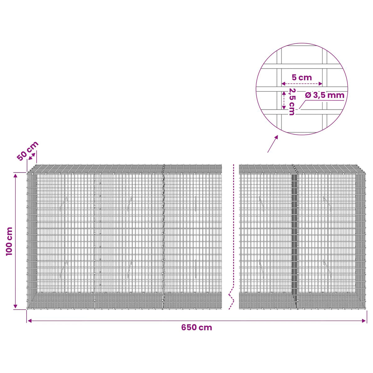vidaXL Gabion with 3.5 mm Wire and 5x2.5 cm Mesh 650x50x100 cm 6