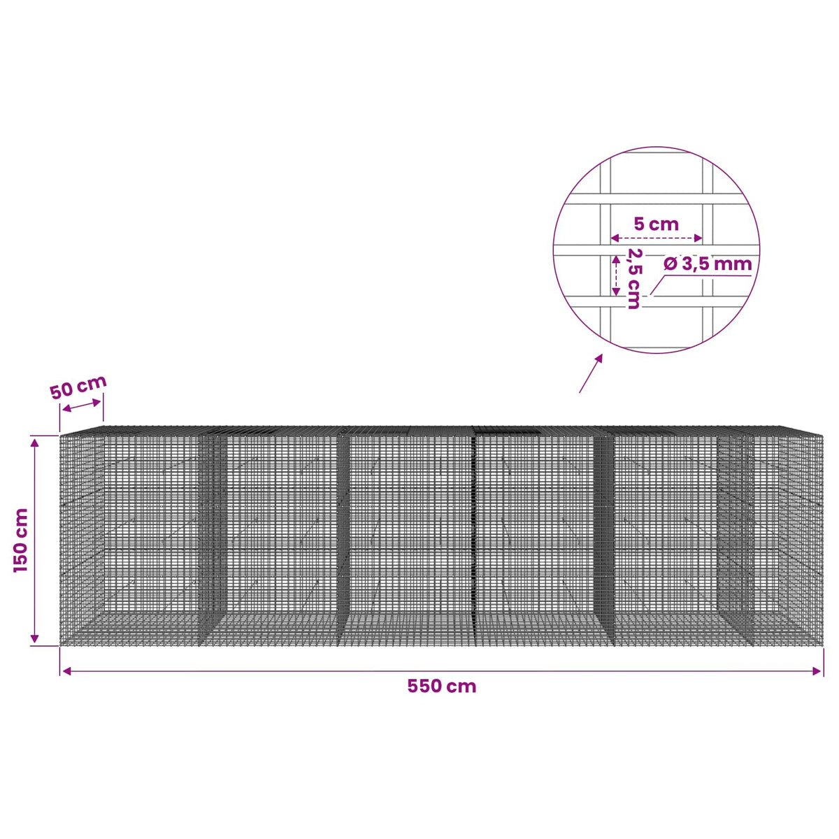 vidaXL Gabion with 3.5 mm Wire and 5x2.5 cm Mesh 550x50x150 cm 6