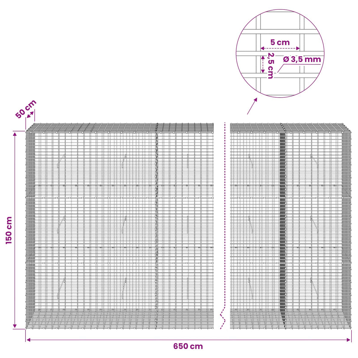 vidaXL Gabion with 3.5 mm Wire and 5x2.5 cm Mesh 650x50x150 cm 6