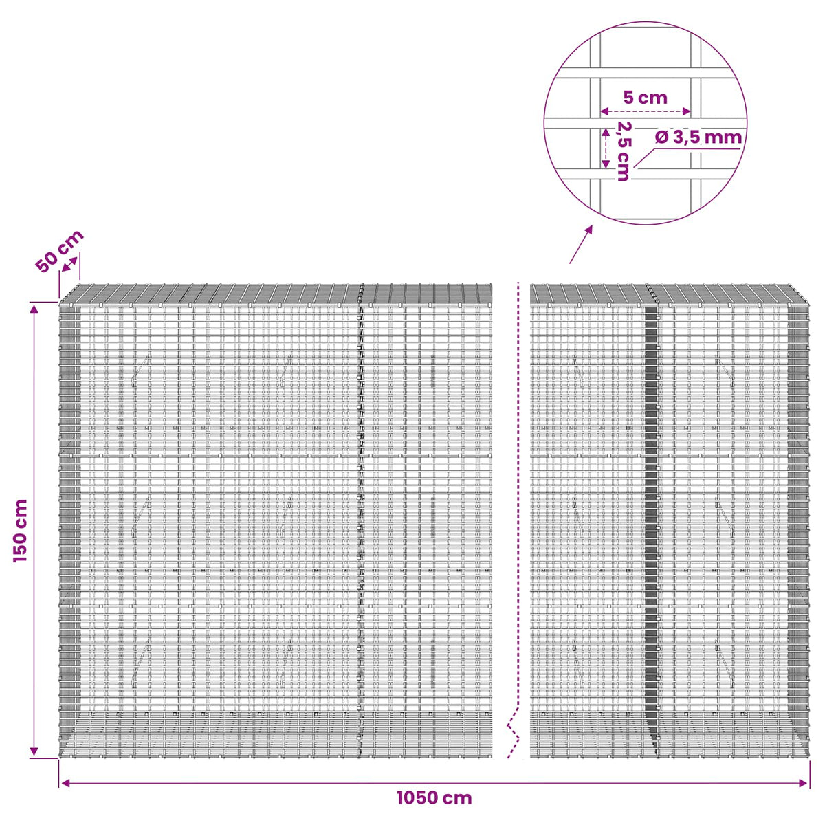 vidaXL Gabion with 3.5 mm Wire and 5x2.5 cm Mesh 1050x50x150 cm 6