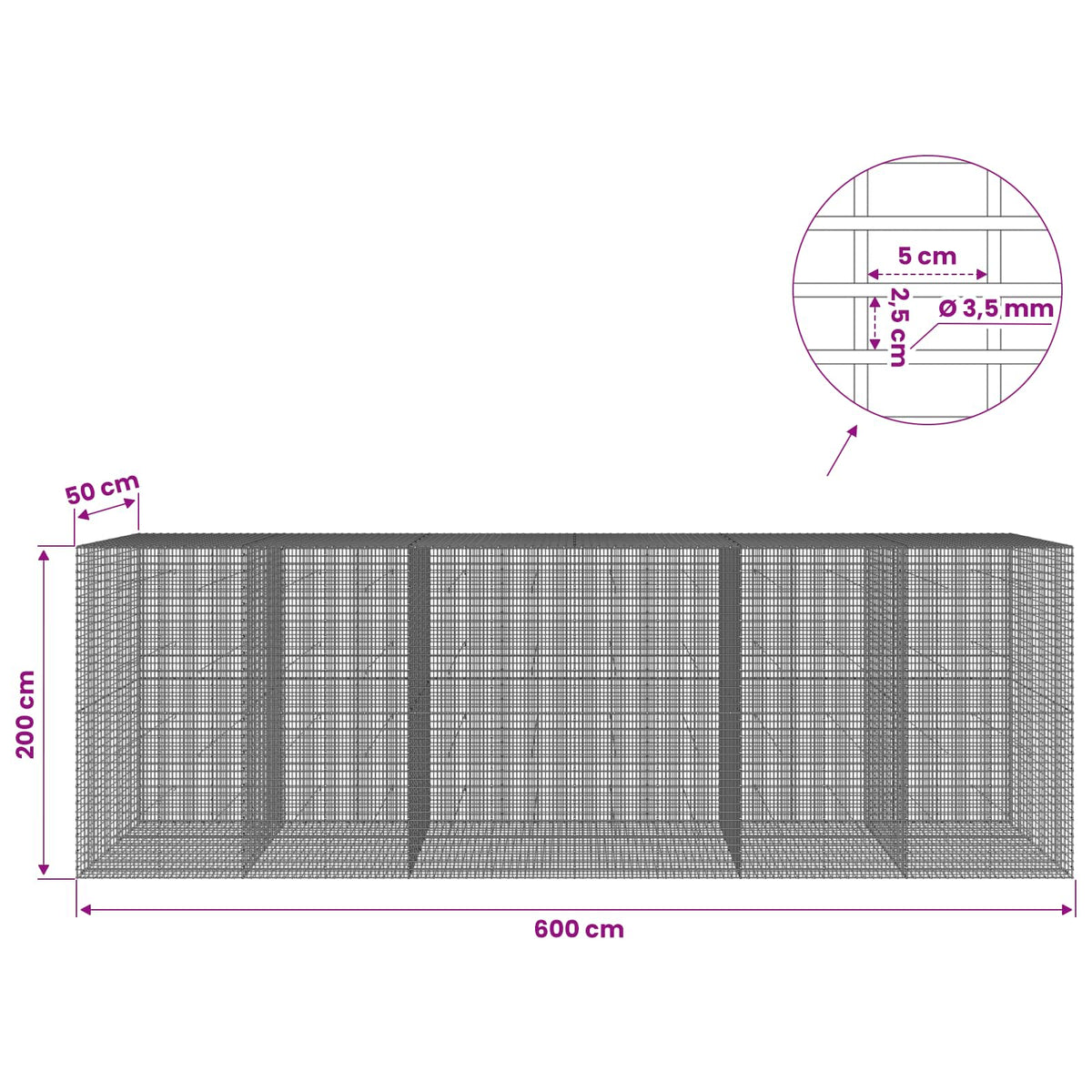 vidaXL Gabion with 3.5 mm Wire and 5x2.5 cm Mesh 600x50x200 cm 6