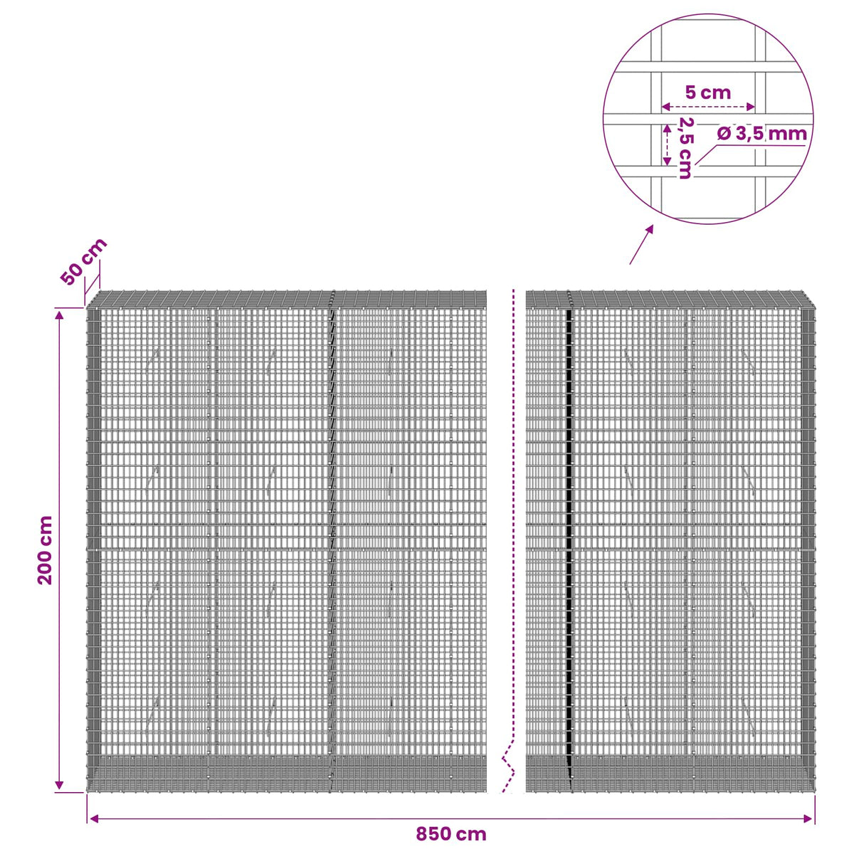 vidaXL Gabion with 3.5 mm Wire and 5x2.5 cm Mesh 850x50x200 cm 6