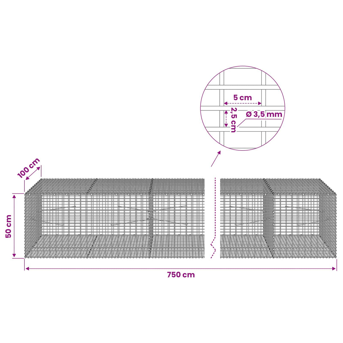 vidaXL Gabion with 3.5 mm Wire and 5x2.5 cm Mesh 750x100x50 cm 6