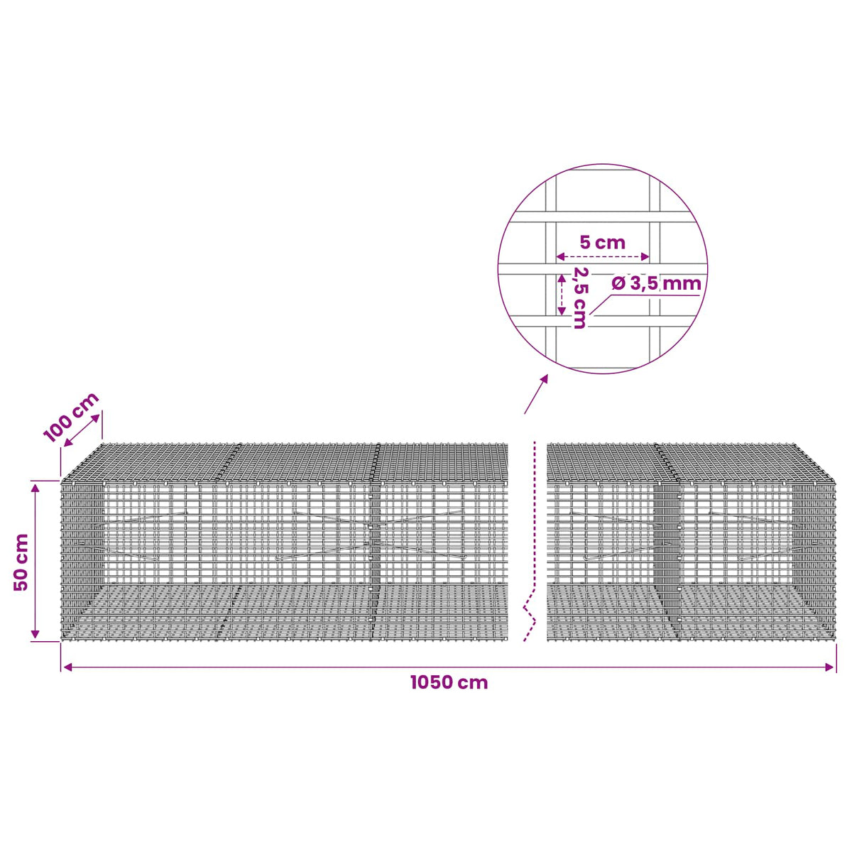 vidaXL Gabion with 3.5 mm Wire and 5x2.5 cm Mesh 1050x100x50 cm 6