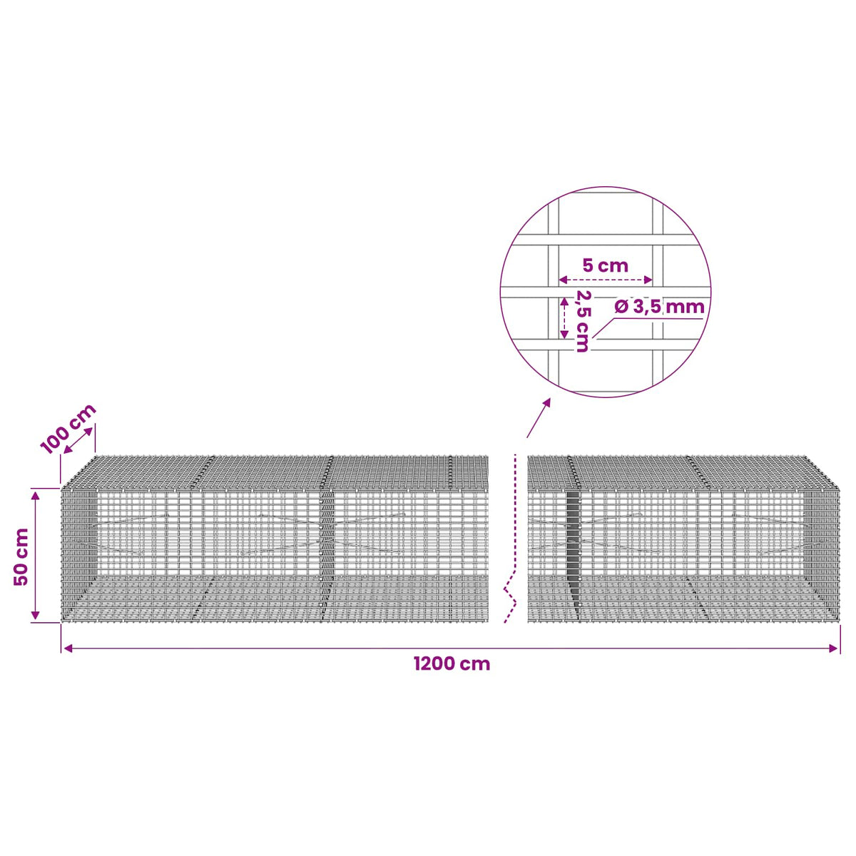 vidaXL Gabion with 3.5 mm Wire and 5x2.5 cm Mesh 1200x100x50 cm 6