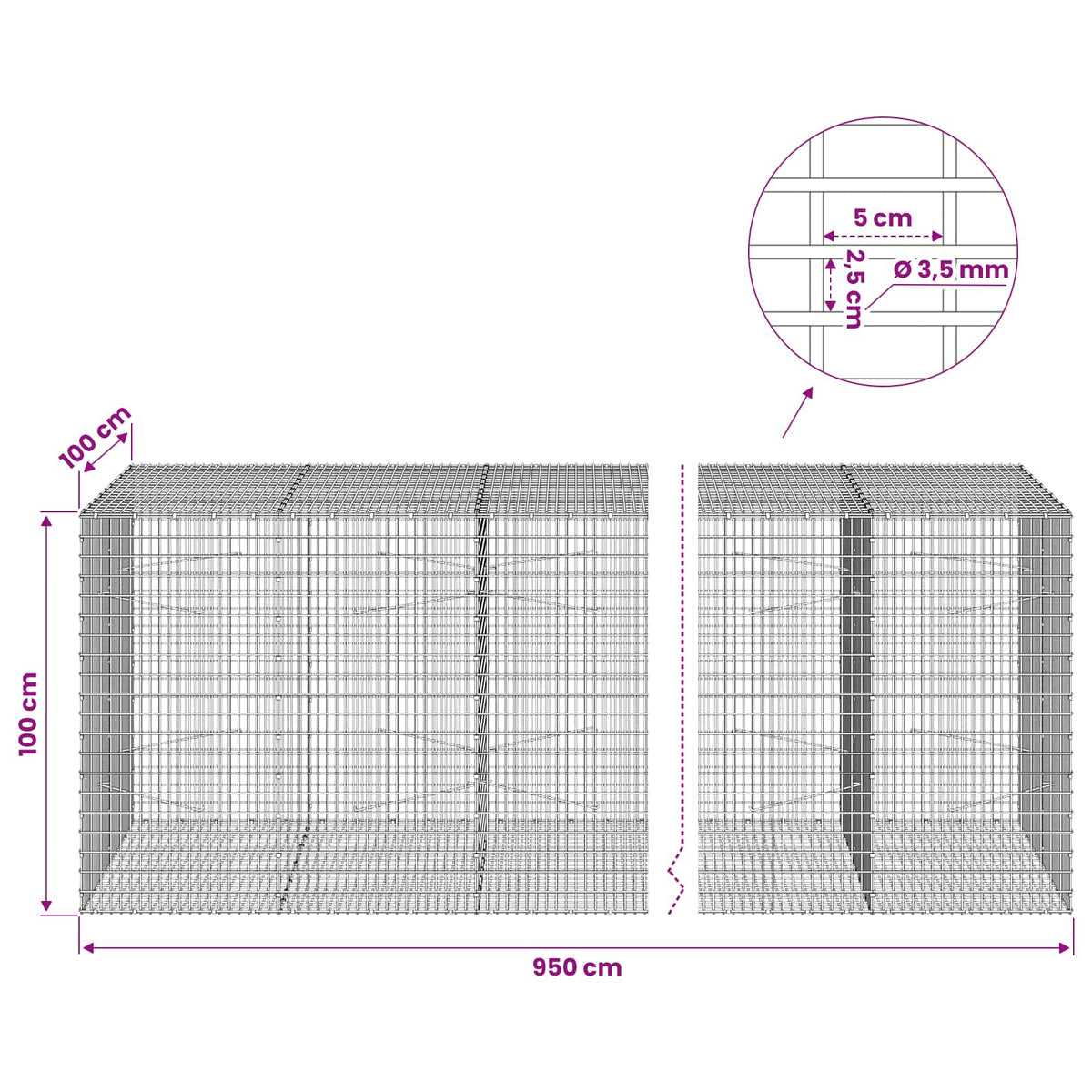 vidaXL Gabion with 3.5 mm Wire and 5x2.5 cm Mesh 950x100x100 cm 6