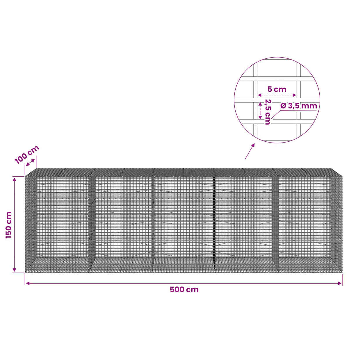 vidaXL Gabion with 3.5 mm Wire and 5x2.5 cm Mesh 500x100x150 cm 6