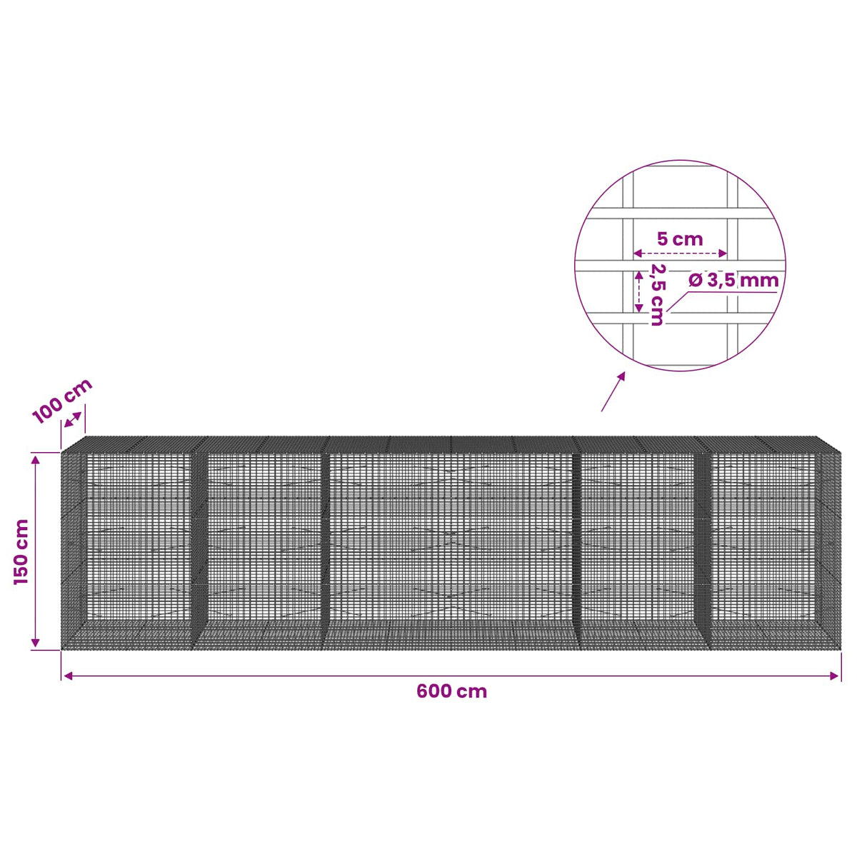 vidaXL Gabion with 3.5 mm Wire and 5x2.5 cm Mesh 600x100x150 cm 6