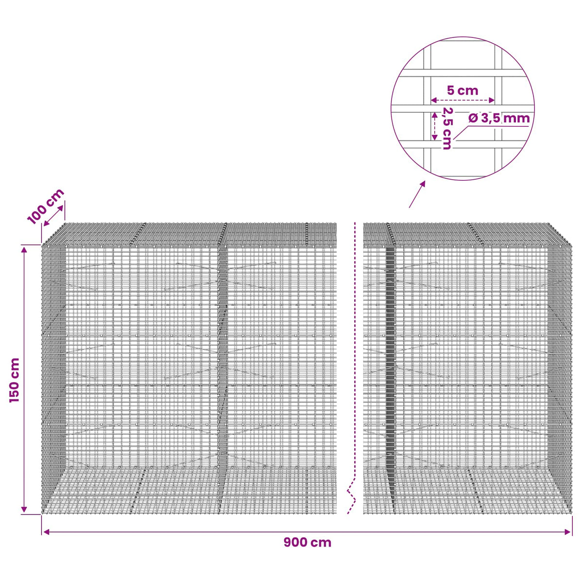vidaXL Gabion with 3.5 mm Wire and 5x2.5 cm Mesh 900x100x150 cm 6