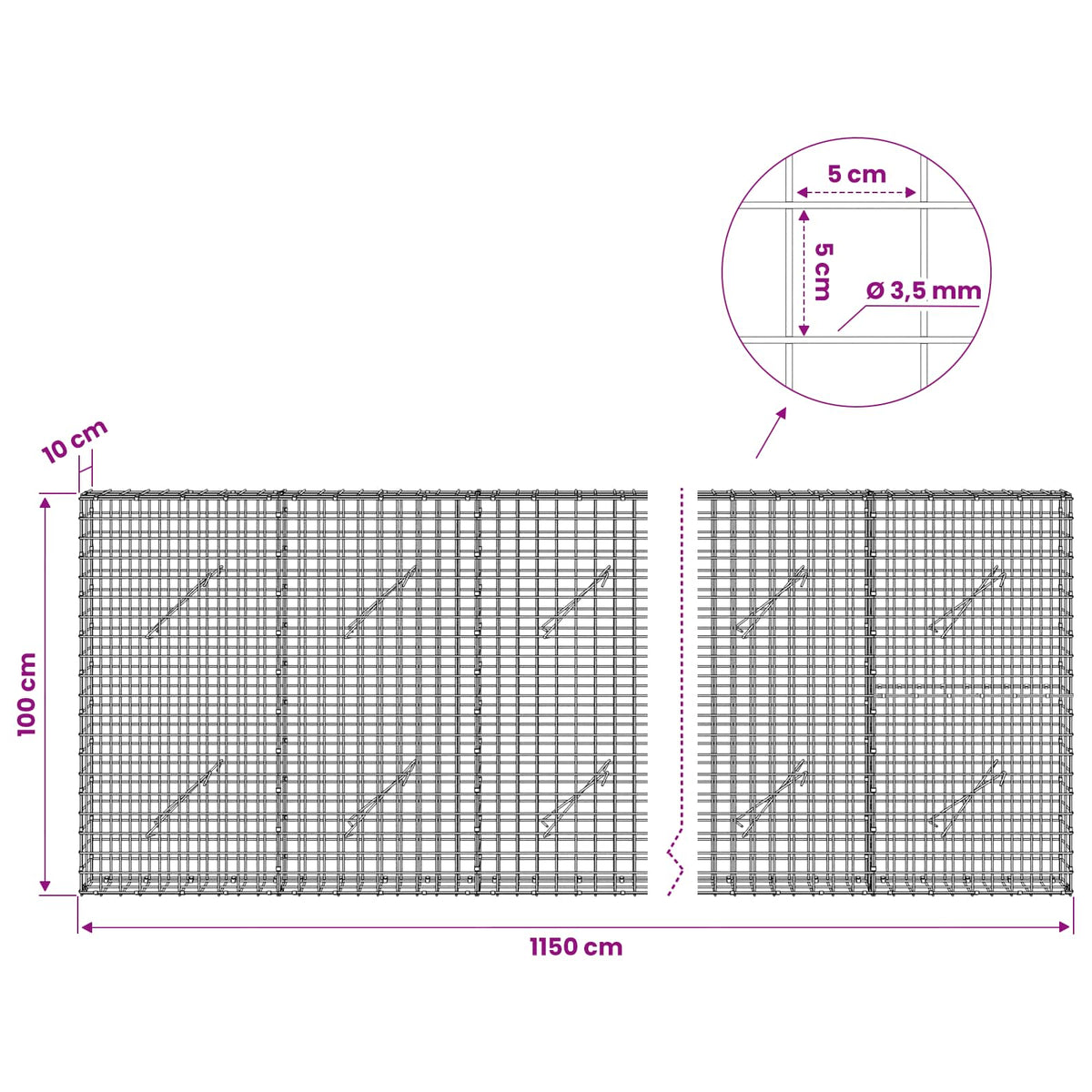 vidaXL Gabion with 3.5 mm Wire and 5x5 cm Mesh 1150x10x100 cm 6