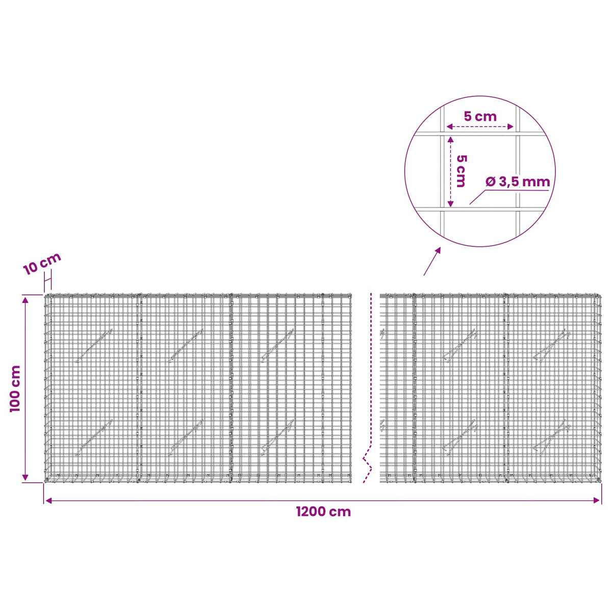 vidaXL Gabion with 3.5 mm Wire and 5x5 cm Mesh 1200x10x100 cm 6