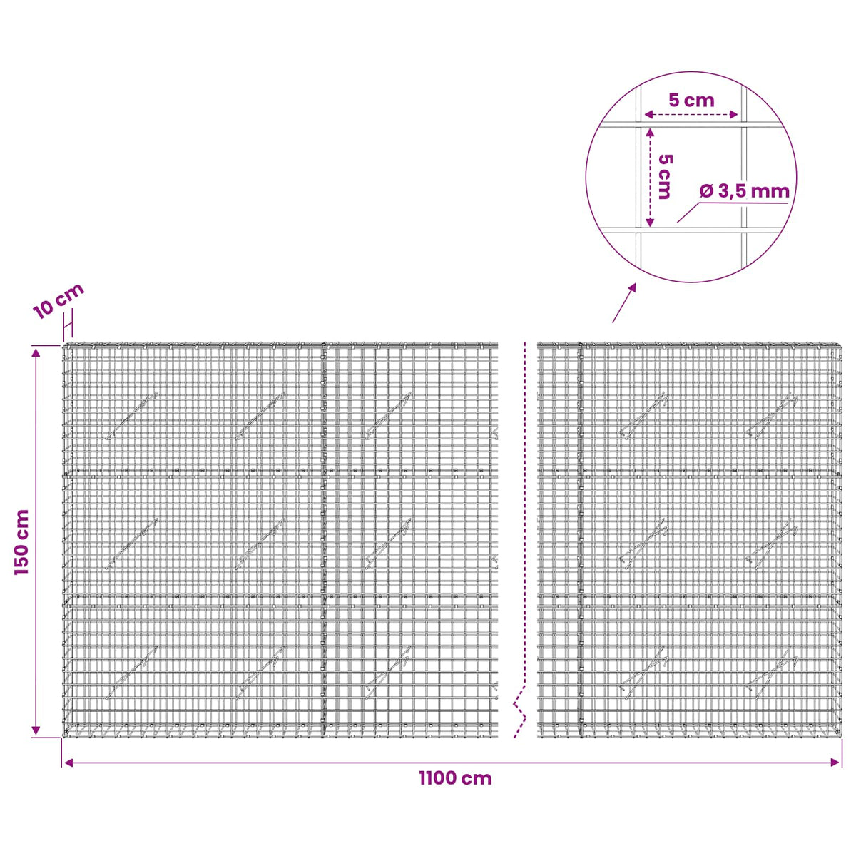 vidaXL Gabion with 3.5 mm Wire and 5x5 cm Mesh 1100x10x150 cm 6