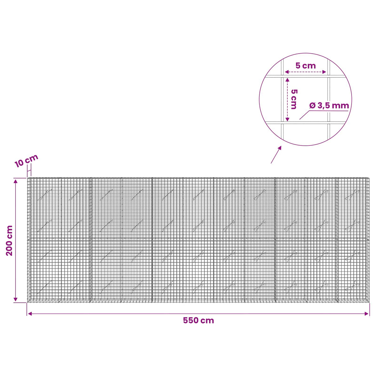 vidaXL Gabion with 3.5 mm Wire and 5x5 cm Mesh 550x10x200 cm 6
