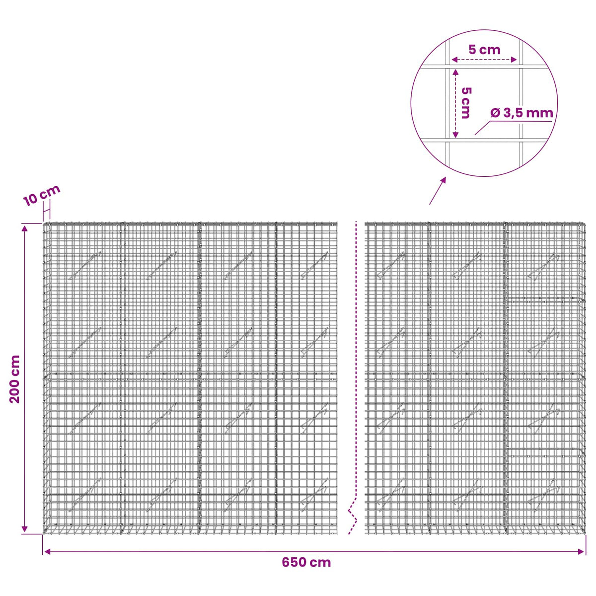 vidaXL Gabion with 3.5 mm Wire and 5x5 cm Mesh 650x10x200 cm 6
