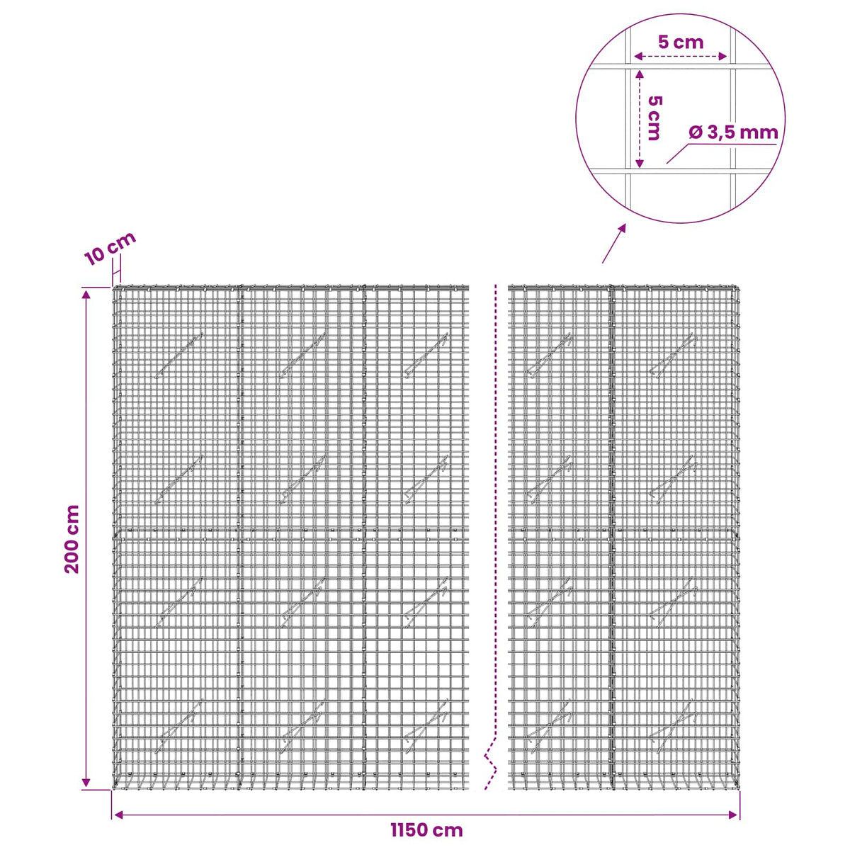 vidaXL Gabion with 3.5 mm Wire and 5x5 cm Mesh 1150x10x200 cm 6