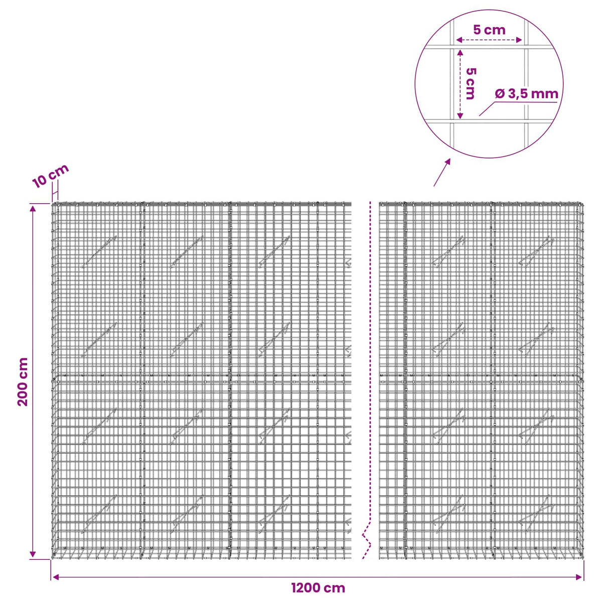 vidaXL Gabion with 3.5 mm Wire and 5x5 cm Mesh 1200x10x200 cm 6