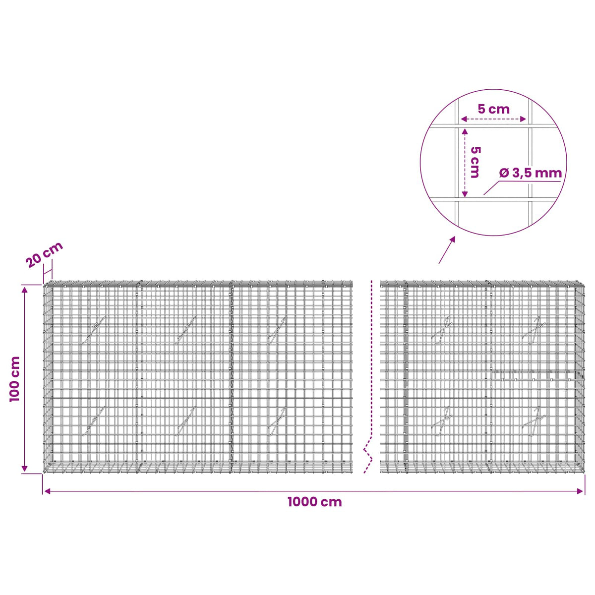 vidaXL Gabion with 3.5 mm Wire and 5x5 cm Mesh 1000x20x100 cm 6