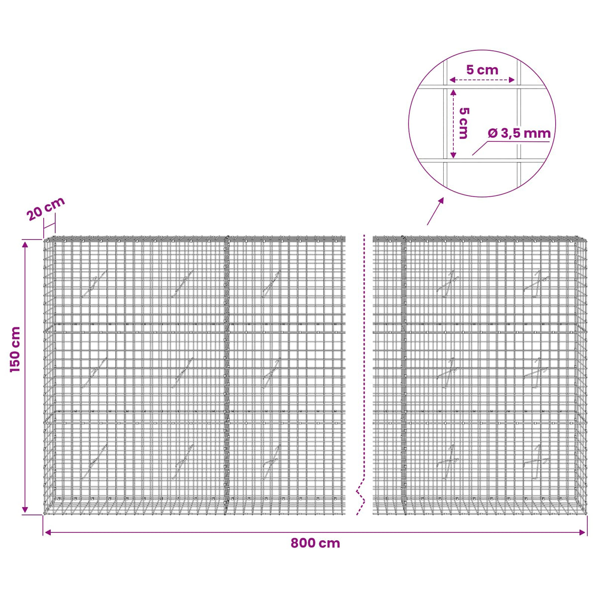 vidaXL Gabion with 3.5 mm Wire and 5x5 cm Mesh 800x20x150 cm 6