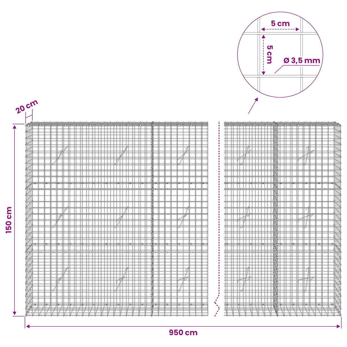 vidaXL Gabion with 3.5 mm Wire and 5x5 cm Mesh 950x20x150 cm 6