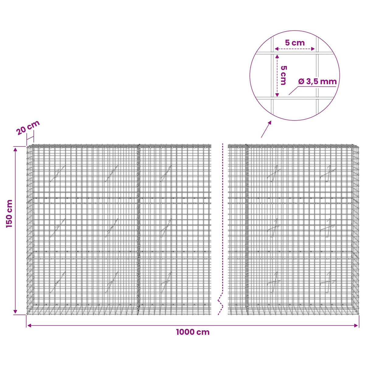vidaXL Gabion with 3.5 mm Wire and 5x5 cm Mesh 1000x20x150 cm 6