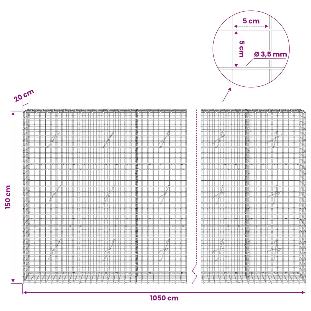 vidaXL Gabion with 3.5 mm Wire and 5x5 cm Mesh 1050x20x150 cm 6