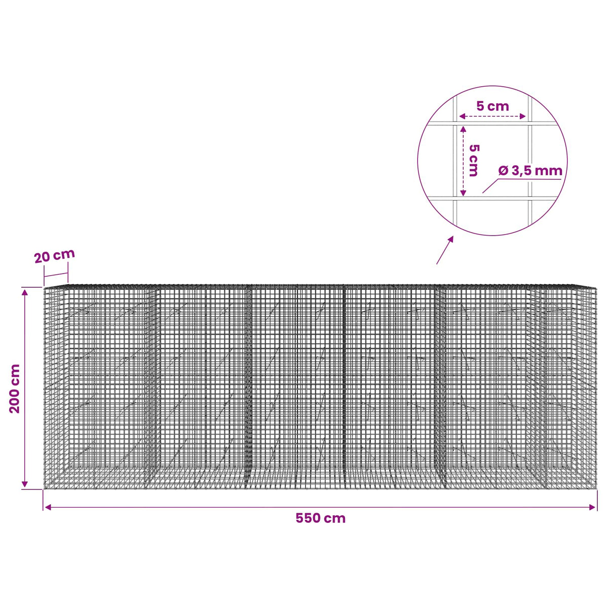 vidaXL Gabion with 3.5 mm Wire and 5x5 cm Mesh 550x20x200 cm 6