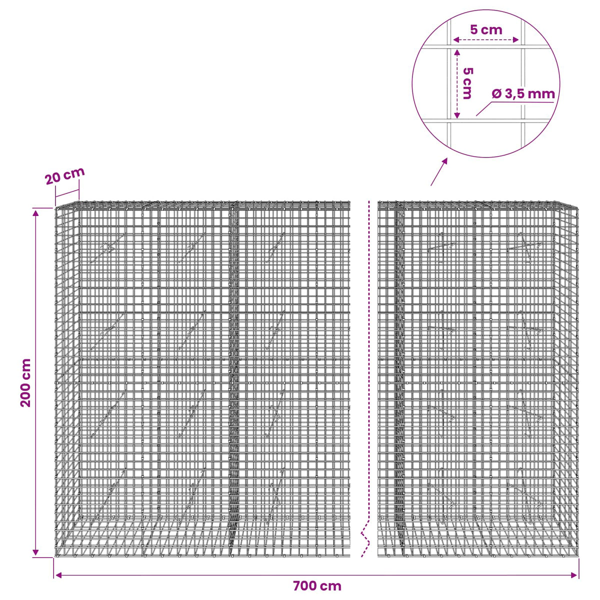 vidaXL Gabion with 3.5 mm Wire and 5x5 cm Mesh 700x20x200 cm 6