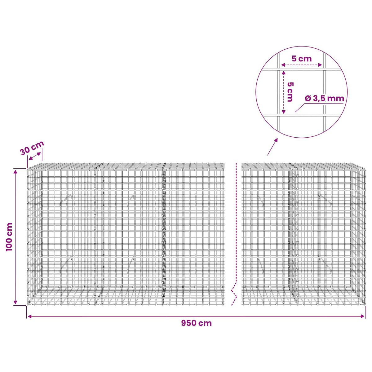 vidaXL Gabion with 3.5 mm Wire and 5x5 cm Mesh 950x30x100 cm 6