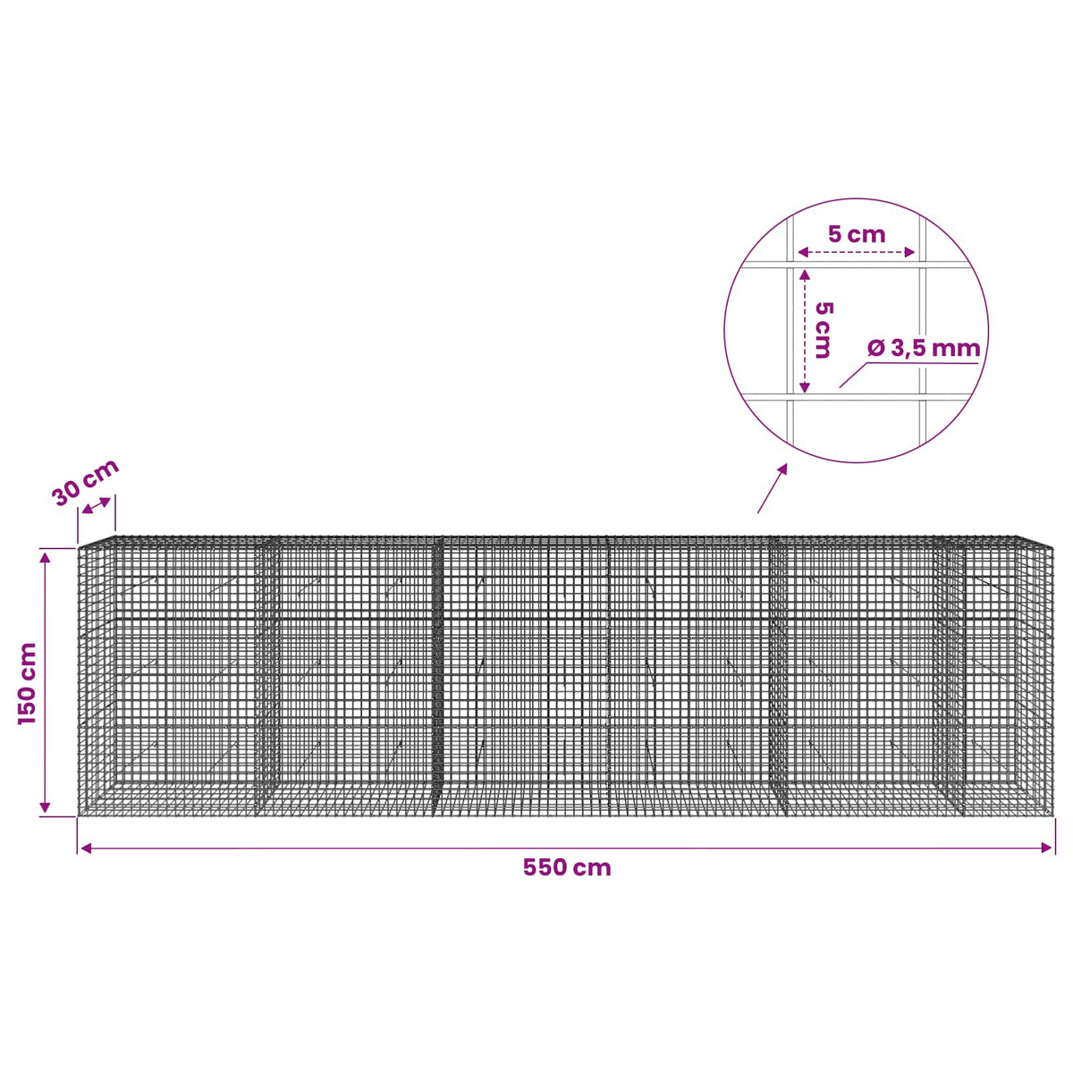 vidaXL Gabion with 3.5 mm Wire and 5x5 cm Mesh 550x30x150 cm 6